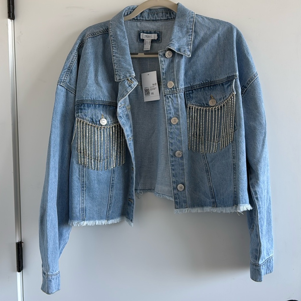 Cropped Denim Jacket with Gem Fringe